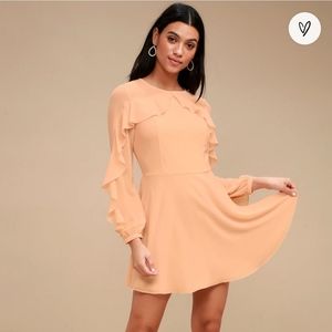 Lulu's Long Time Love Peach Long Sleeve Skater Dress Frilly Women's Medium